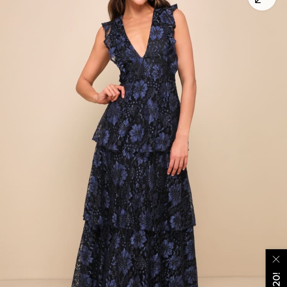 Molinetto Navy Blue Lace Ruffled Tiered Sleeveless Maxi Dress